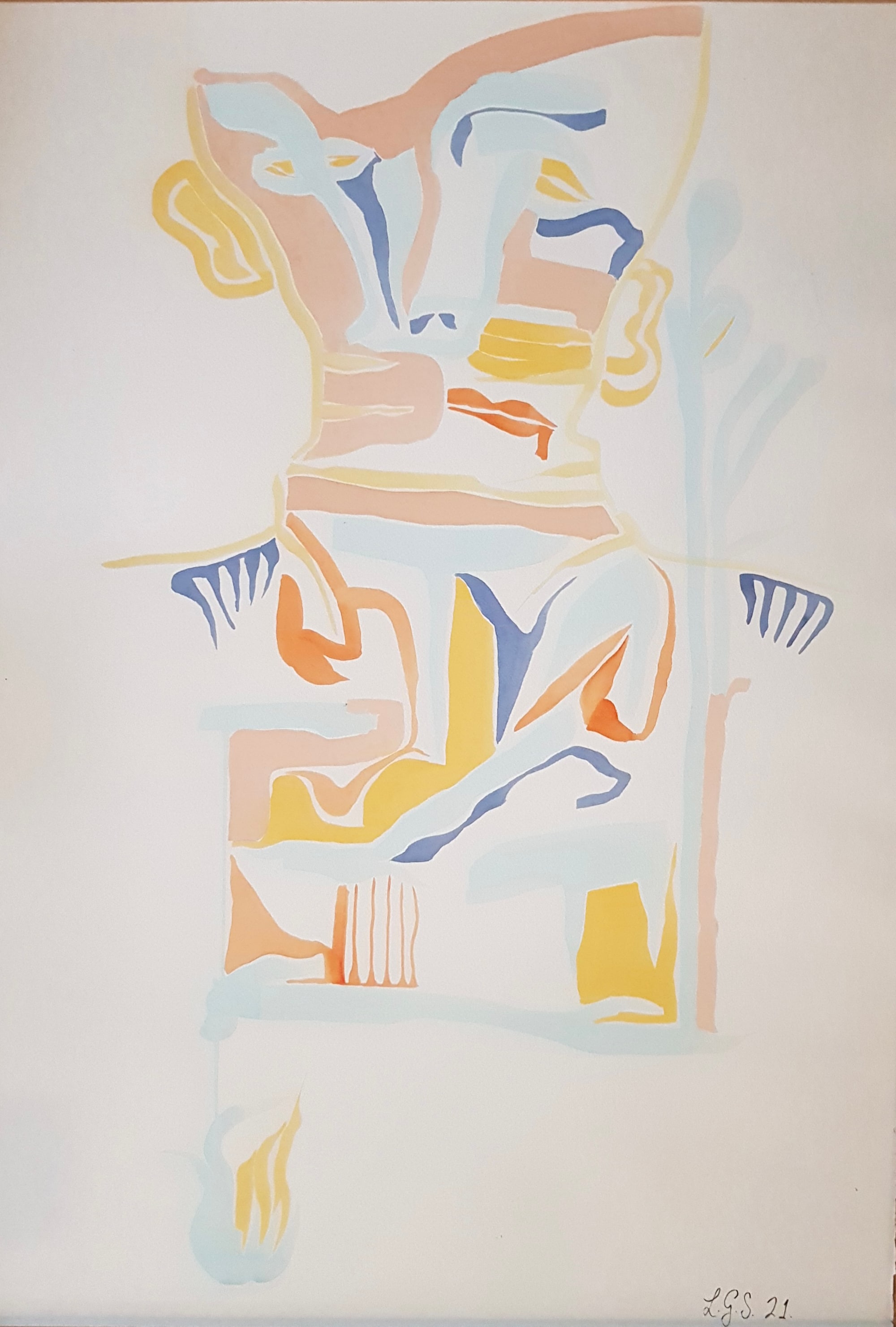 Autonomy of a sacred body: an abstracted face and figure formed from pale yellow, peach and blue watercolour shapes.