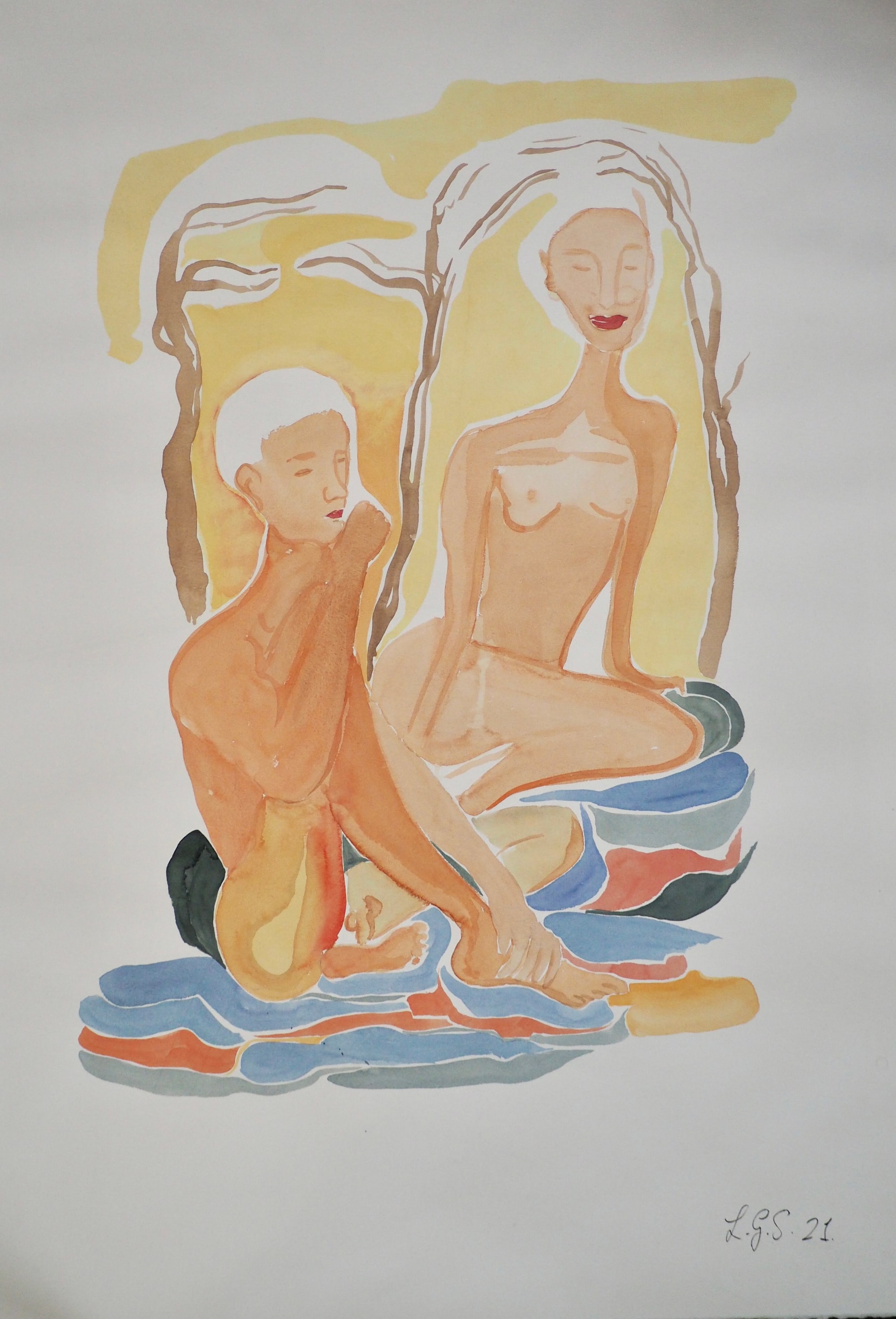 Conducting the cascades: two figures beneath branching trees on a yellow ground, above layered blue, red and grey watercolour washes.
