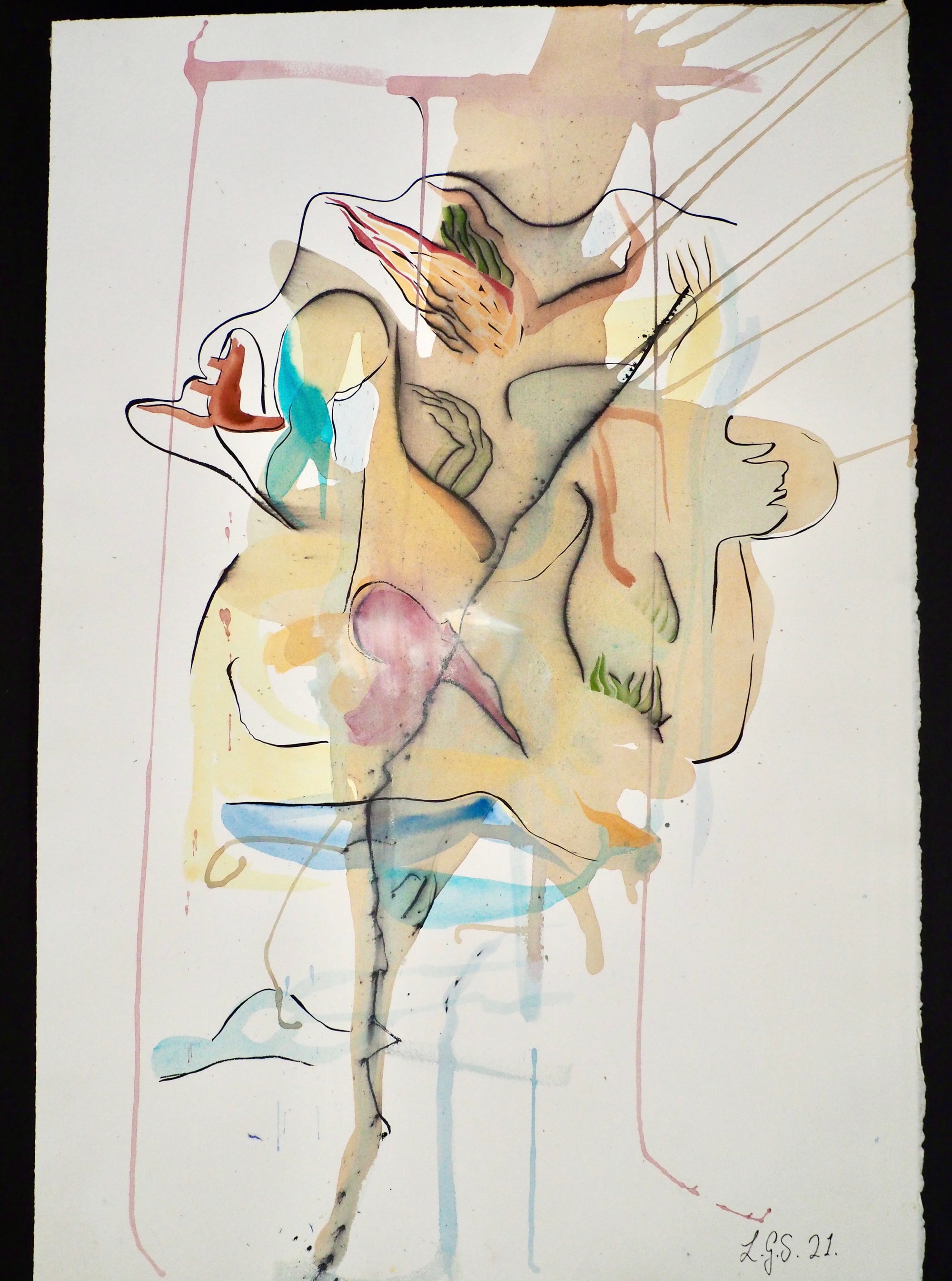 Pineal explosion: ink contours and translucent washes of peach, blue, green and pink on a sheet with visible deckled edges against a black background.