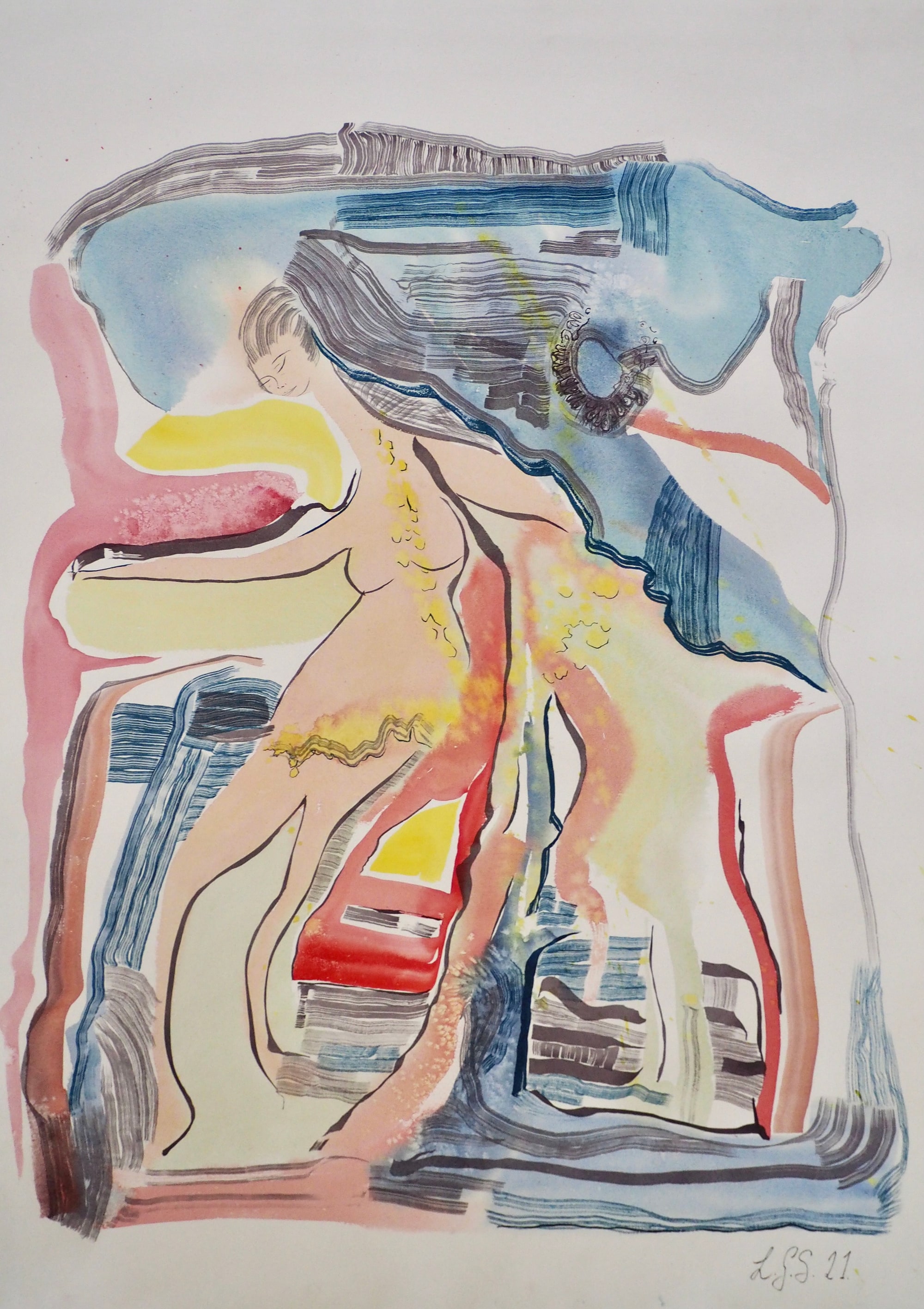 The fountain of life: a figure with long hair and outstretched arms among pink, yellow, red and blue watercolour washes and striped ink lines.